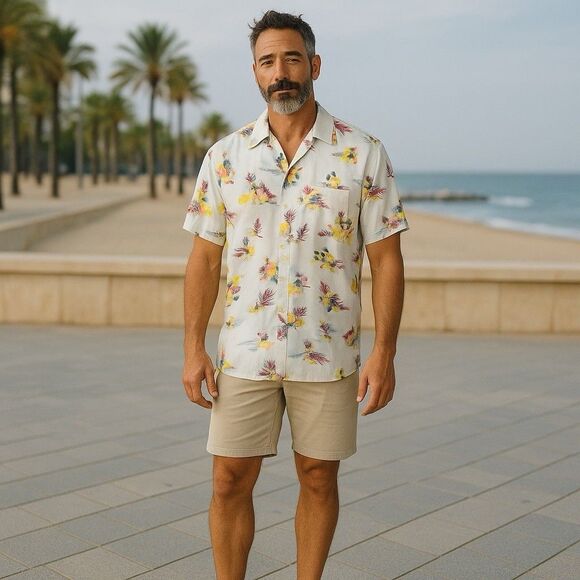 Guess‎ Shirt Mens Large All Over Print Hawaiian Short Sleeve  Button-Up Vacation - Picture 1 of 9